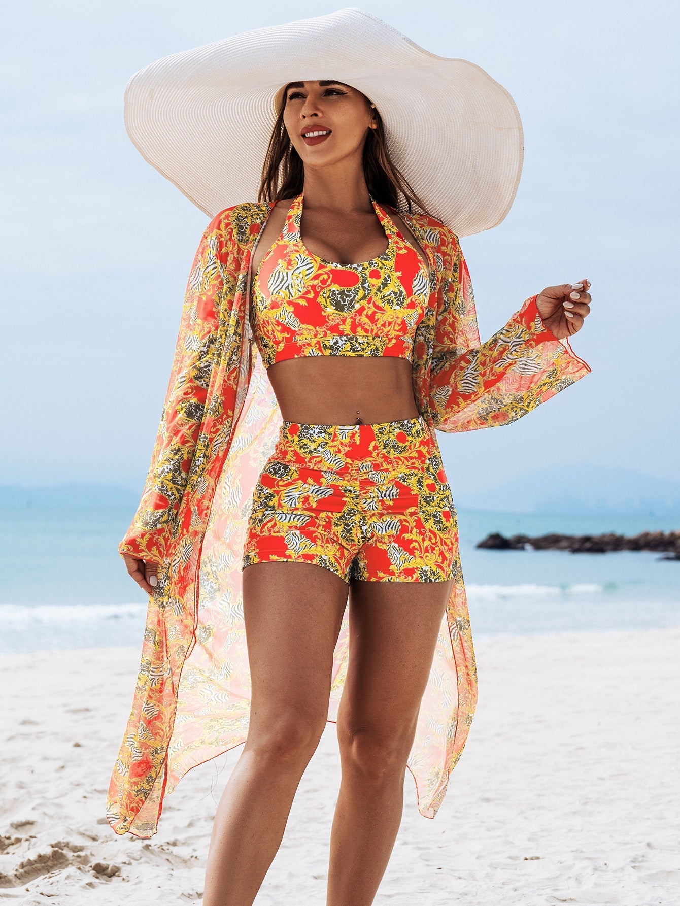 Multi-Color Print Padded Three-Piece Bikini Set for Women