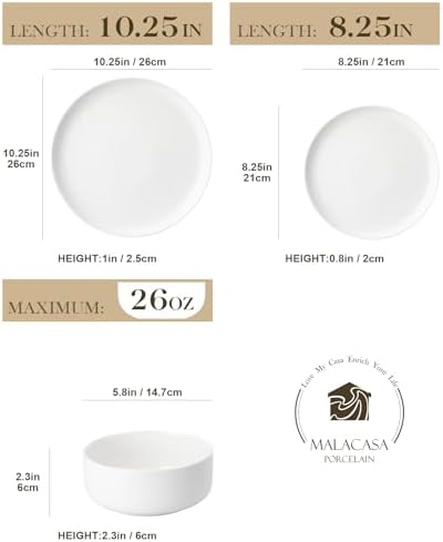 MALACASA Plates and Bowls Sets, 24 Pieces Modern Porcelain Dinnerware Set