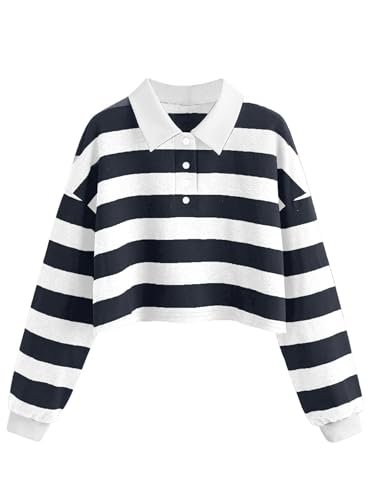 Women's Black Collared Half Button Polo Crop Sweatshirt - Image 17