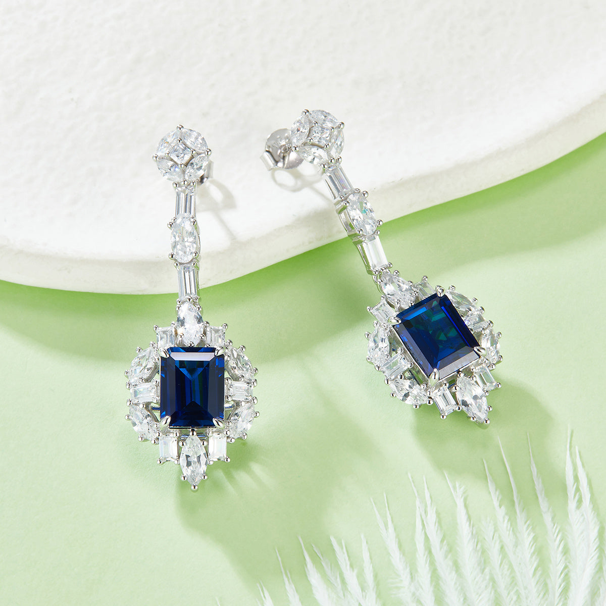 S925 Silver 8.7g Lab-Created Sapphire Drop Earrings, 5.55ct 9x7mm Emerald Cut, Pair