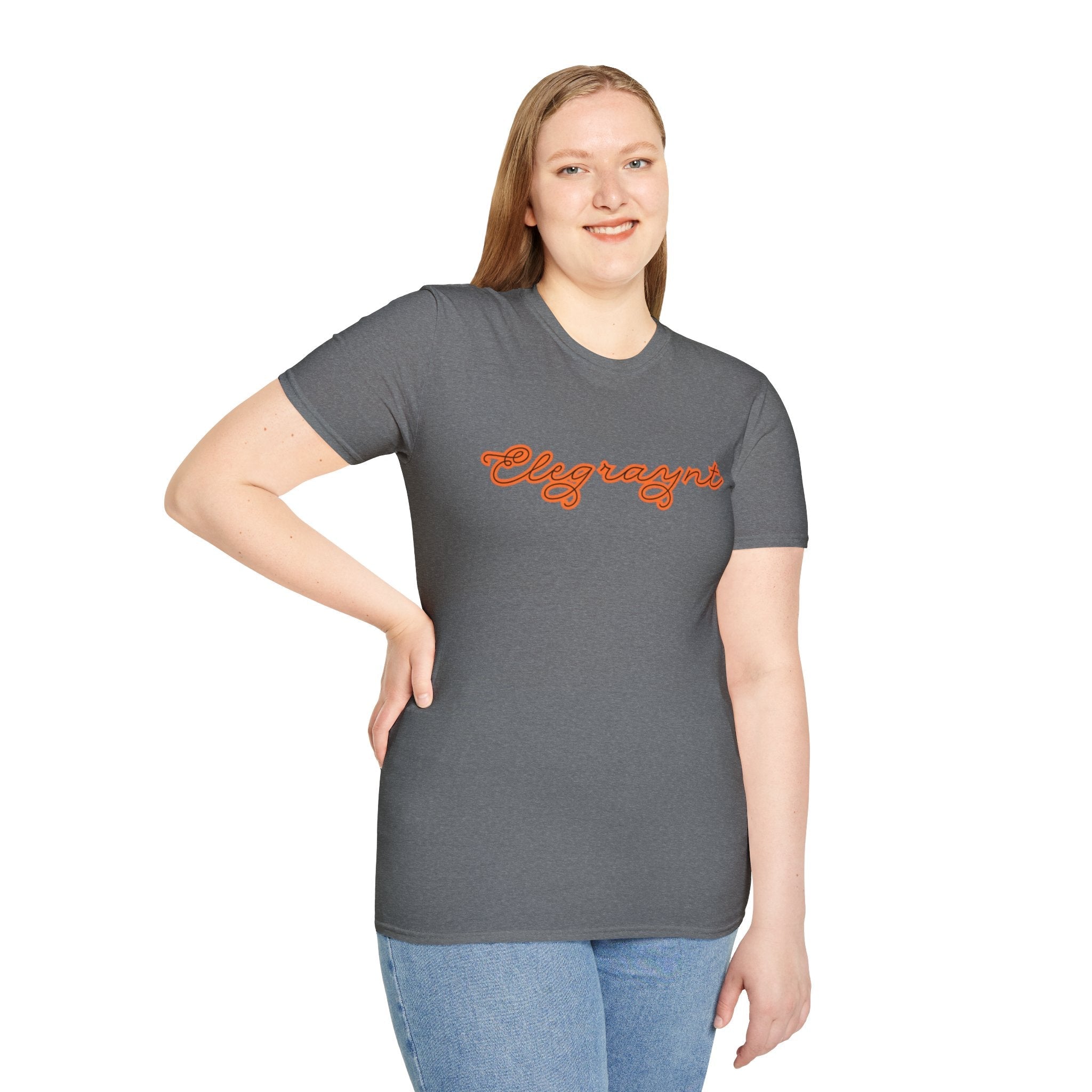 Unisex Softstyle Crewneck T-Shirt in Dark Heather Grey and Orange