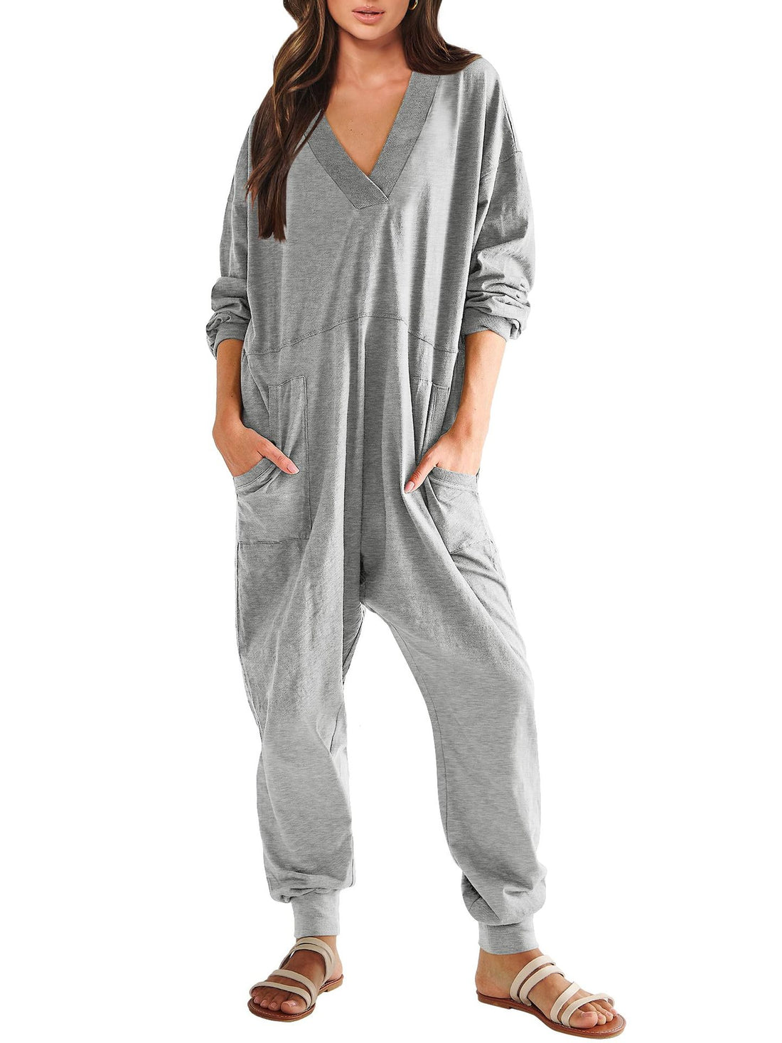 Women’s V-Neck Long Sleeve Solid Color Jumpsuit with Pockets