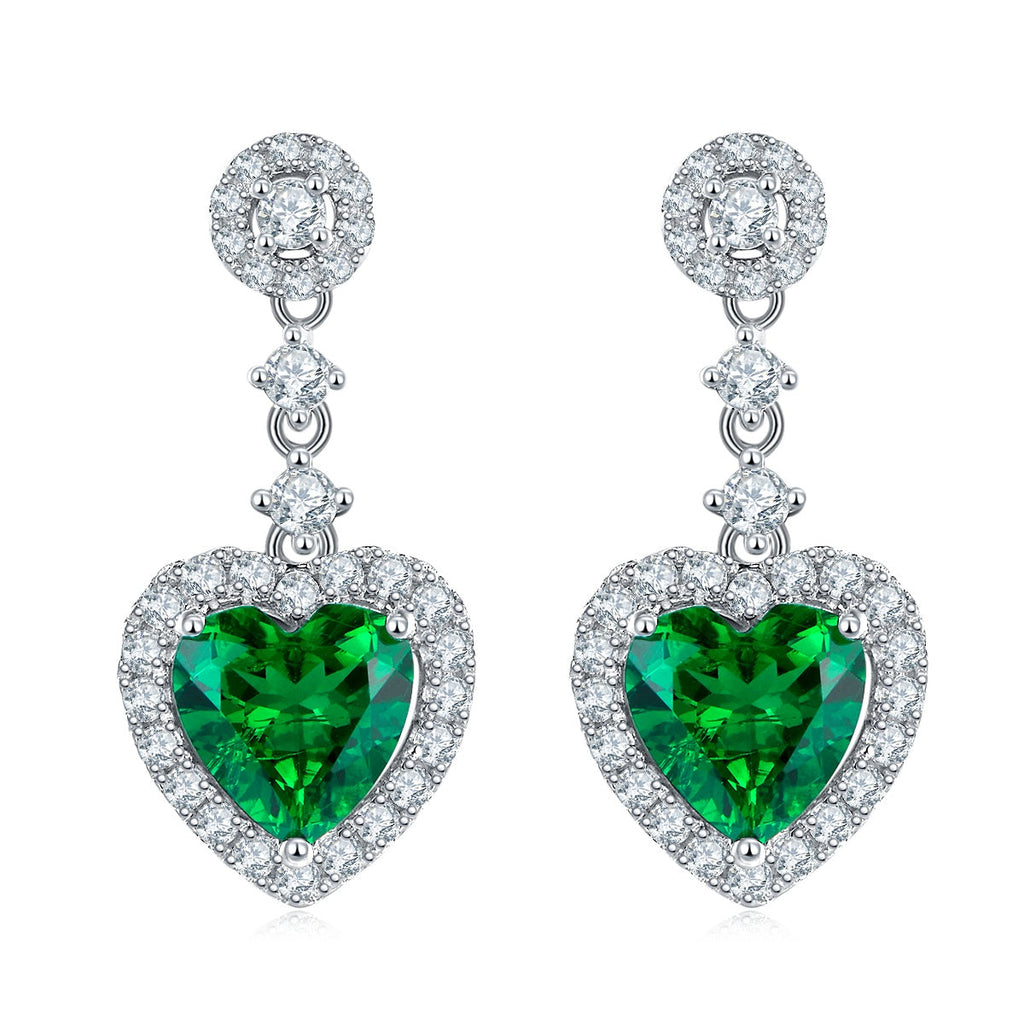 S925 Silver 3.5g Lab-Created Emerald Heart Drop Earrings, 1.38ct 7mm Halo, Pair