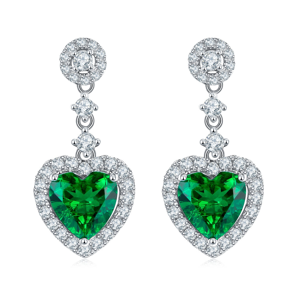 S925 Silver 3.5g Lab-Created Emerald Heart Drop Earrings, 1.38ct 7mm Halo, Pair