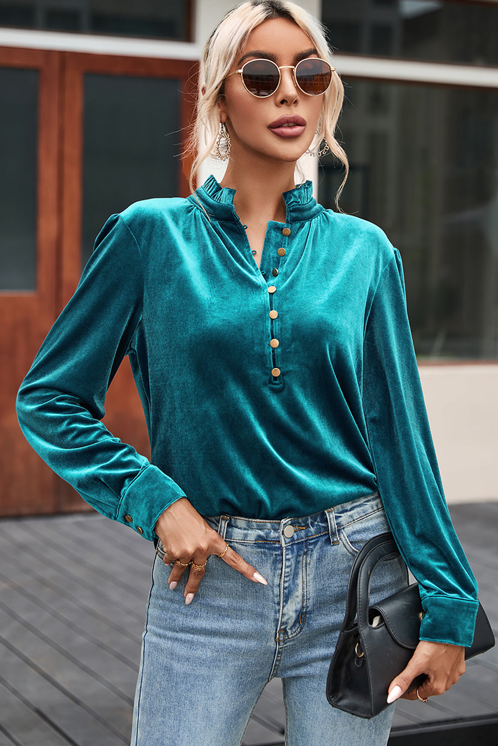 Velvet Frilled Neck Buttoned Top