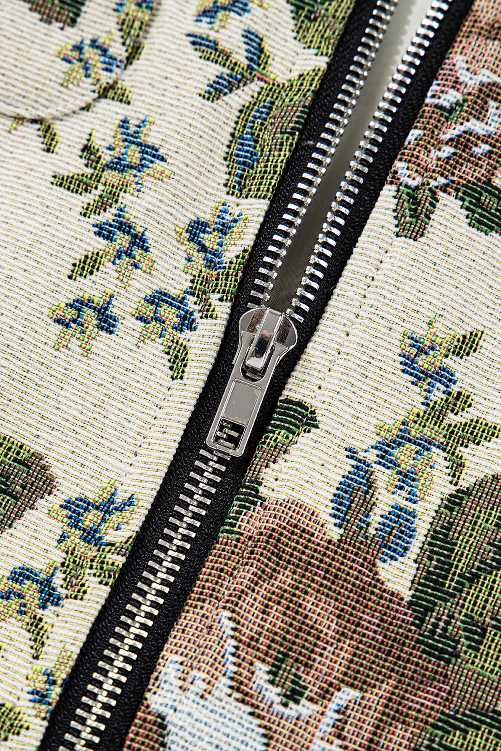 Khaki Floral Print Zip Up Contrast Collared Jacket