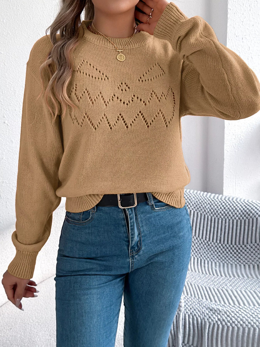 Openwork Round Neck Long Sleeve Sweater