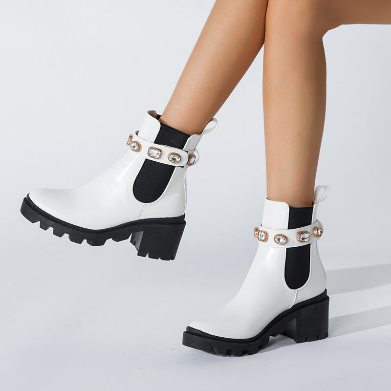 Stylish Women's Chunky Rhinestone Ankle Boots with Elastic Sides - Image 4