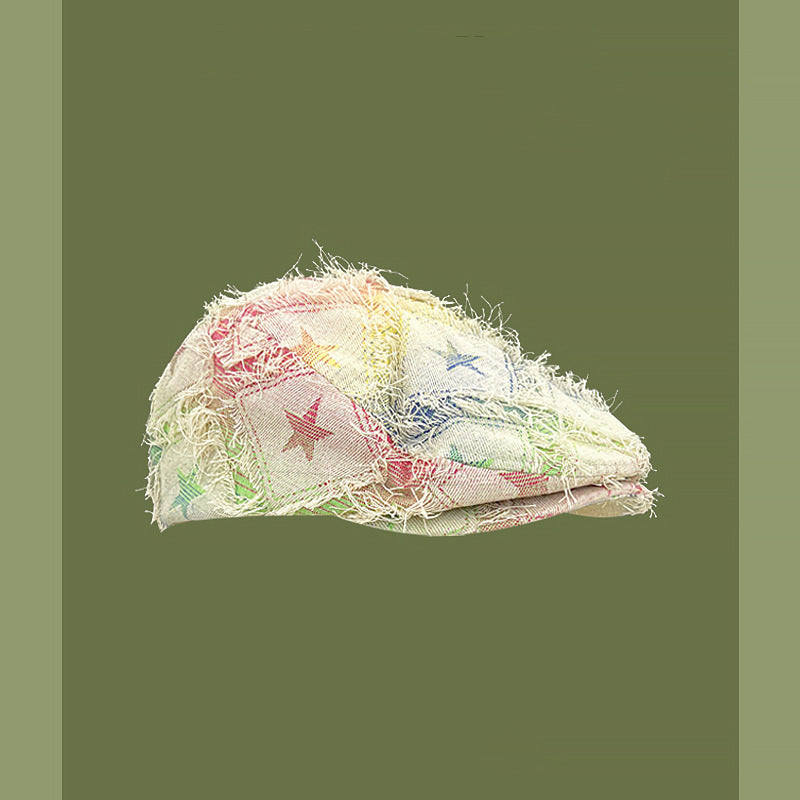 Colorful Plaid Star Distressed Beret — Korean Style Five-Pointed Hat
