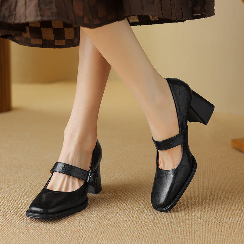 Women's Sheepskin Mary Jane Heels Square Toe Chunky Buckle Pumps - Image 4