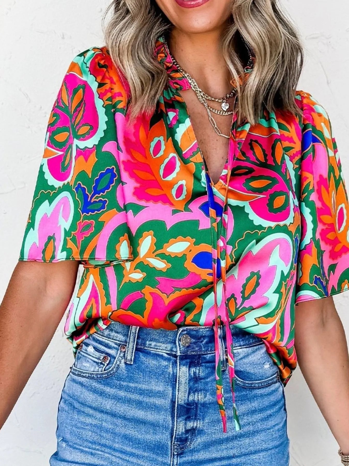 Tropical Print Short Sleeve Tie Neck Blouse