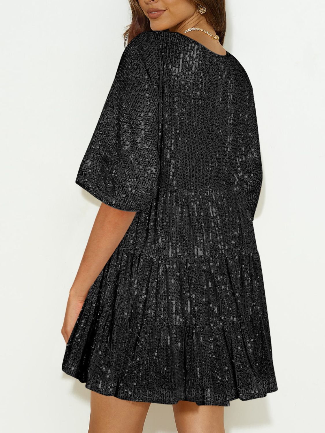 Sequin Round Neck Half Sleeve Mini Dress | Shimmer