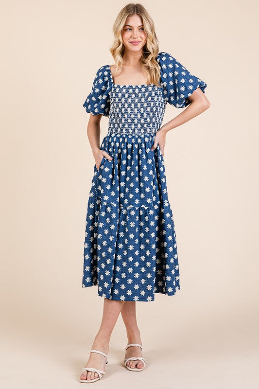 Romantic Floral Embroidered Puff Sleeve Tiered Midi Dress