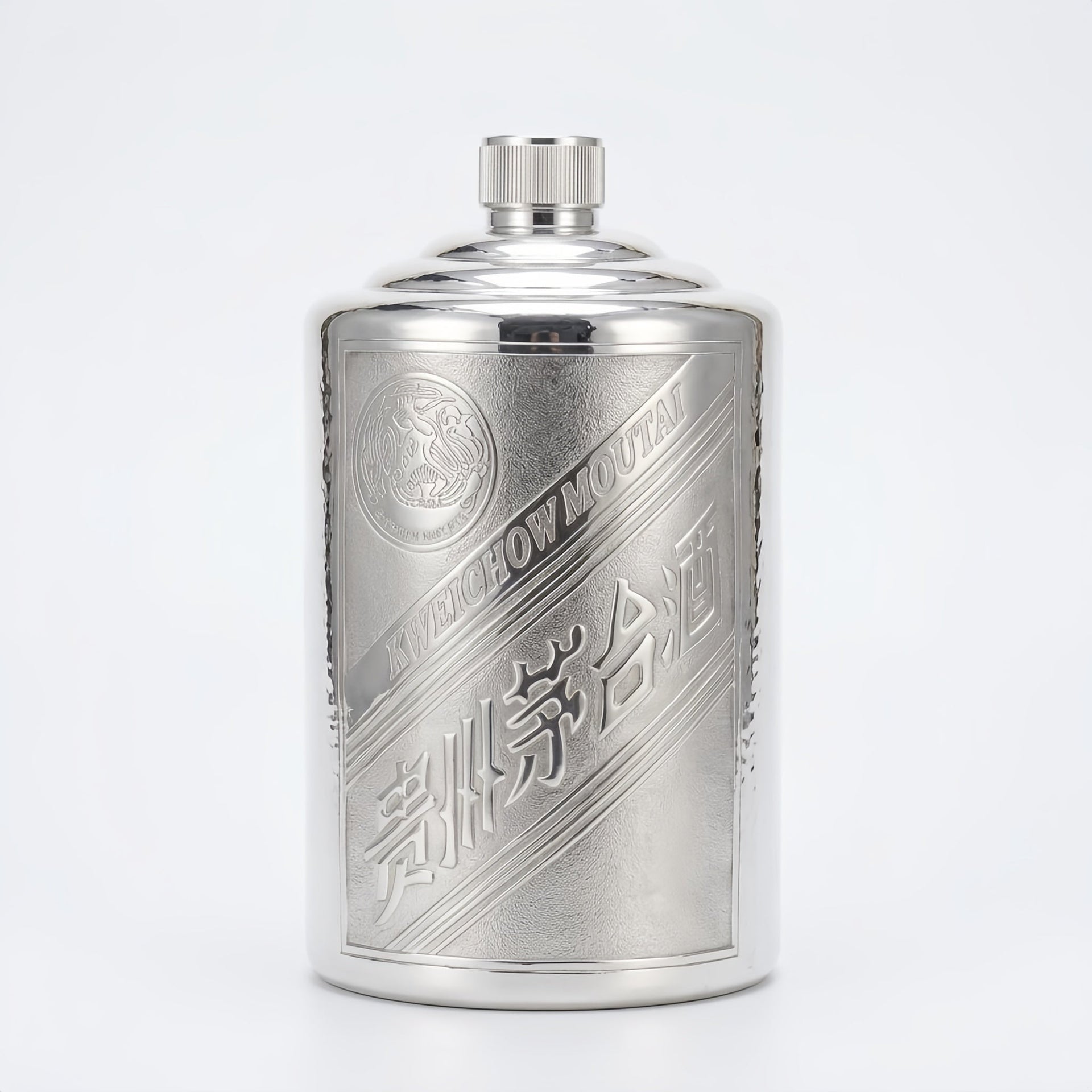 Pure 999 Fine Silver Premium Metallic Kweichow Moutai Flask with Engraved Traditional Labeling - Handicraft