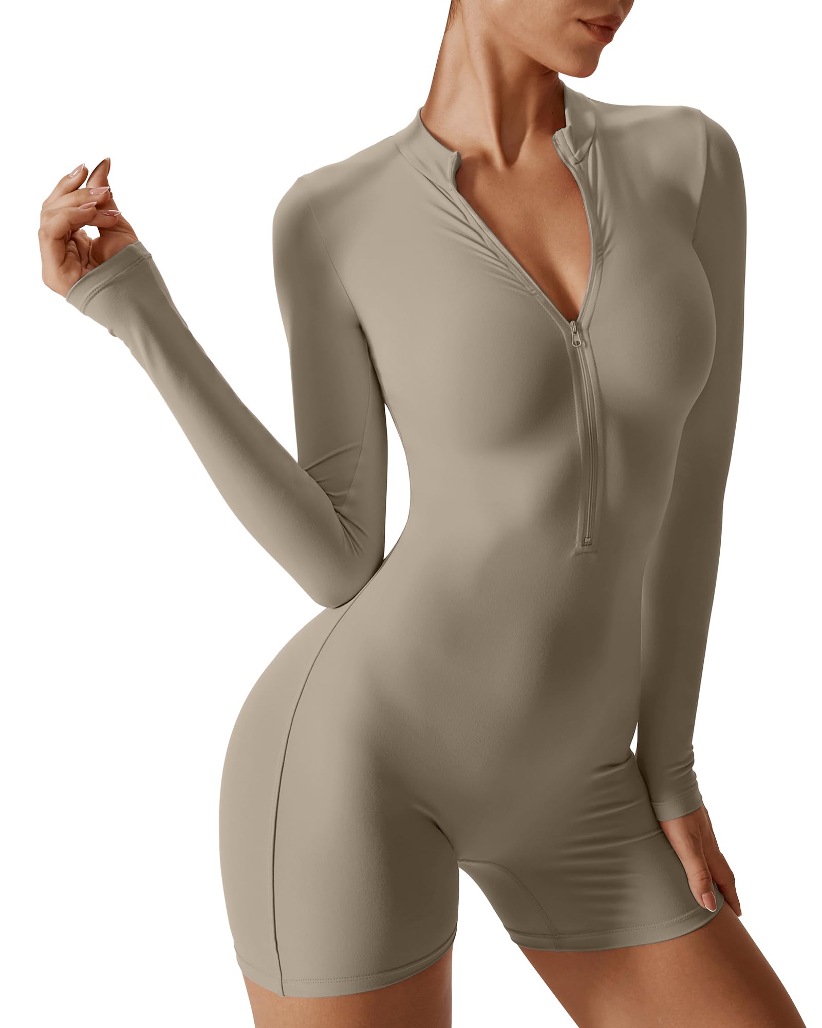 Hotfiary Jumpsuits for Women Long Sleeve Workout Zip Up Jumpsuit Gym Bodycon Yoga Romper Sexy Unitard One Piece Tummy Control