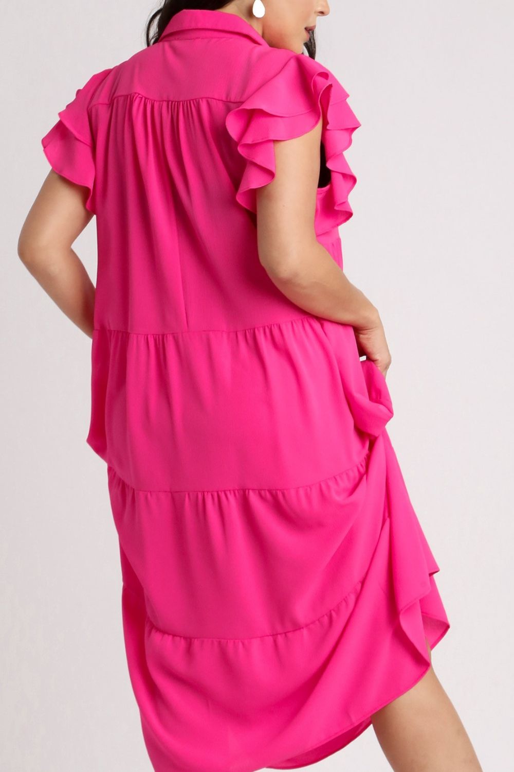 Charming Pink Ruffle Cap Sleeve Dress with Collared Neck