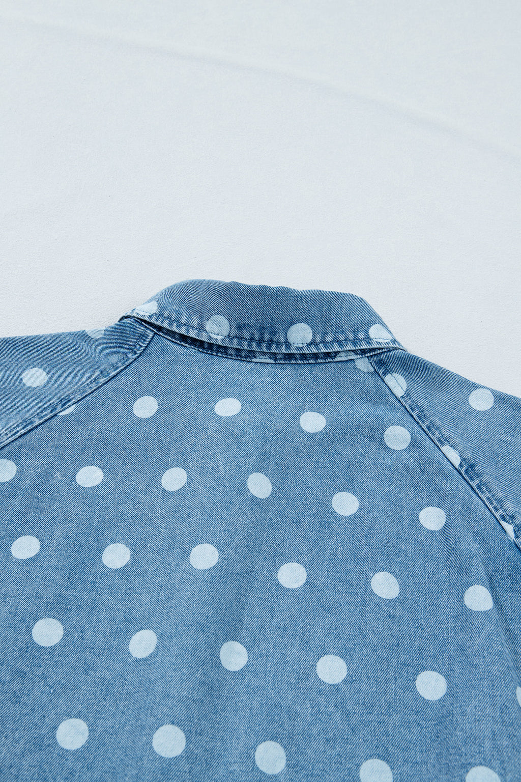 Sky Blue Polka Dot Print Ruffled Short Puff Sleeve Button Down Loose Denim Dress