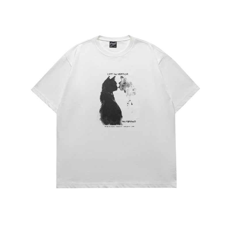 White loose fit short sleeve t-shirt featuring a black and white graphic print of a cat looking at its reflection, with 'CAT IN MIRROR' and 'NOTBRAND' text.
