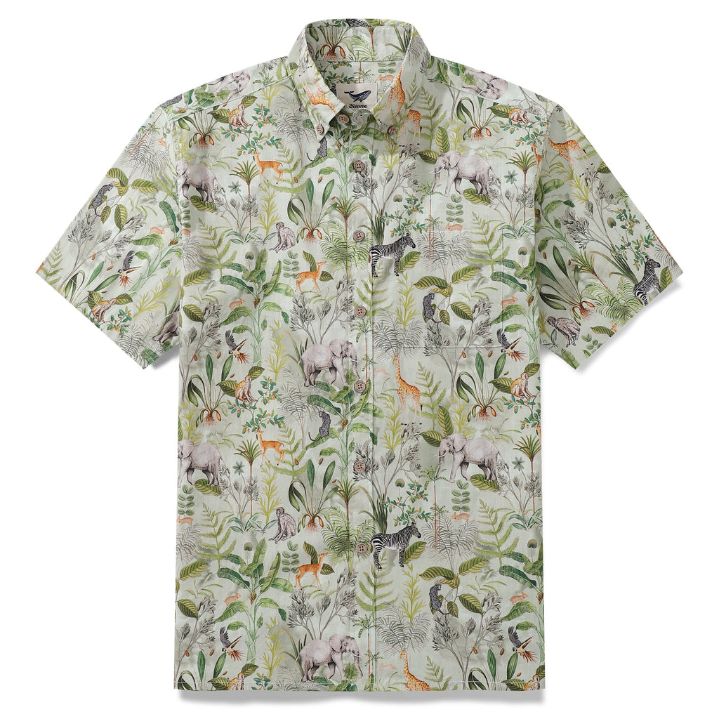 Men's 100% cotton shirt with Jungle Quest tropical animal and foliage print.