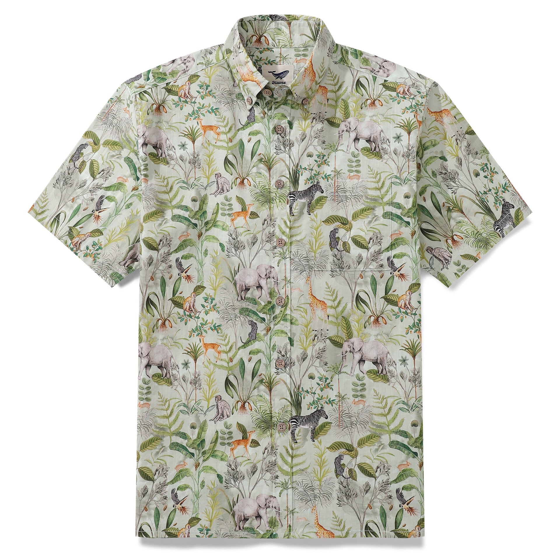 Men's 100% cotton shirt with Jungle Quest tropical animal and foliage print.