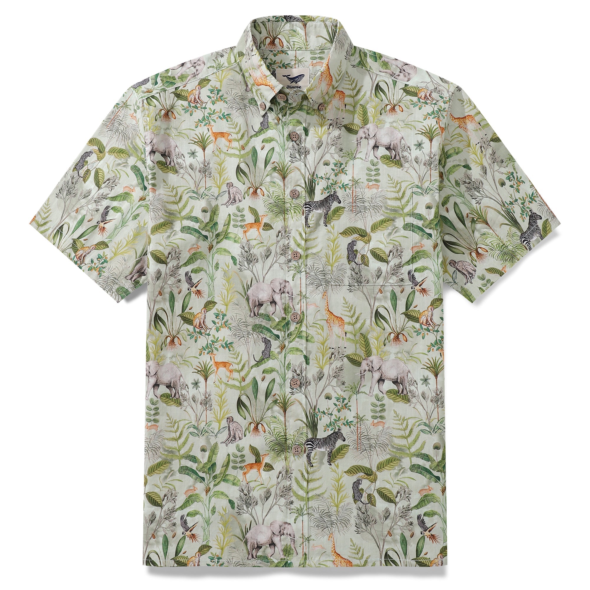 Men's 100% cotton shirt with Jungle Quest tropical animal and foliage print.