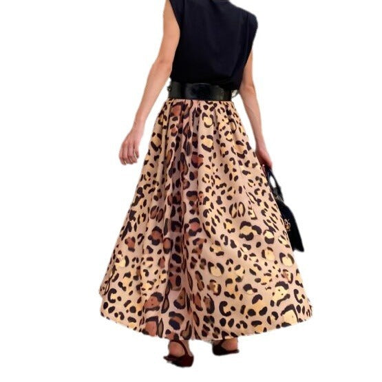 Women’s Leopard Print A-Line Skirt Elegant Big Hem Midi