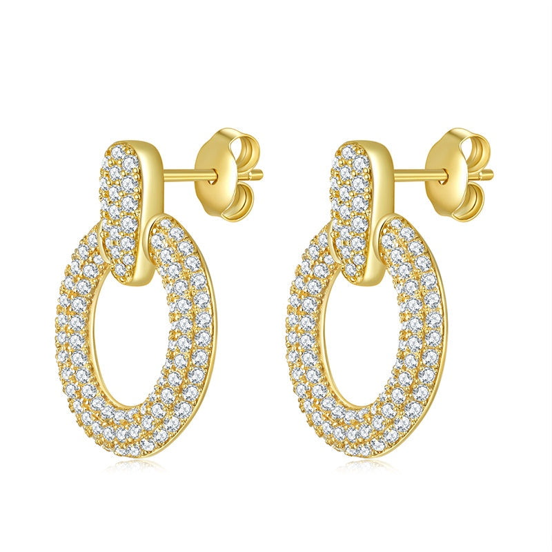 S925 gold plated Moissanite pave circle dangle earrings in a luxury gift box