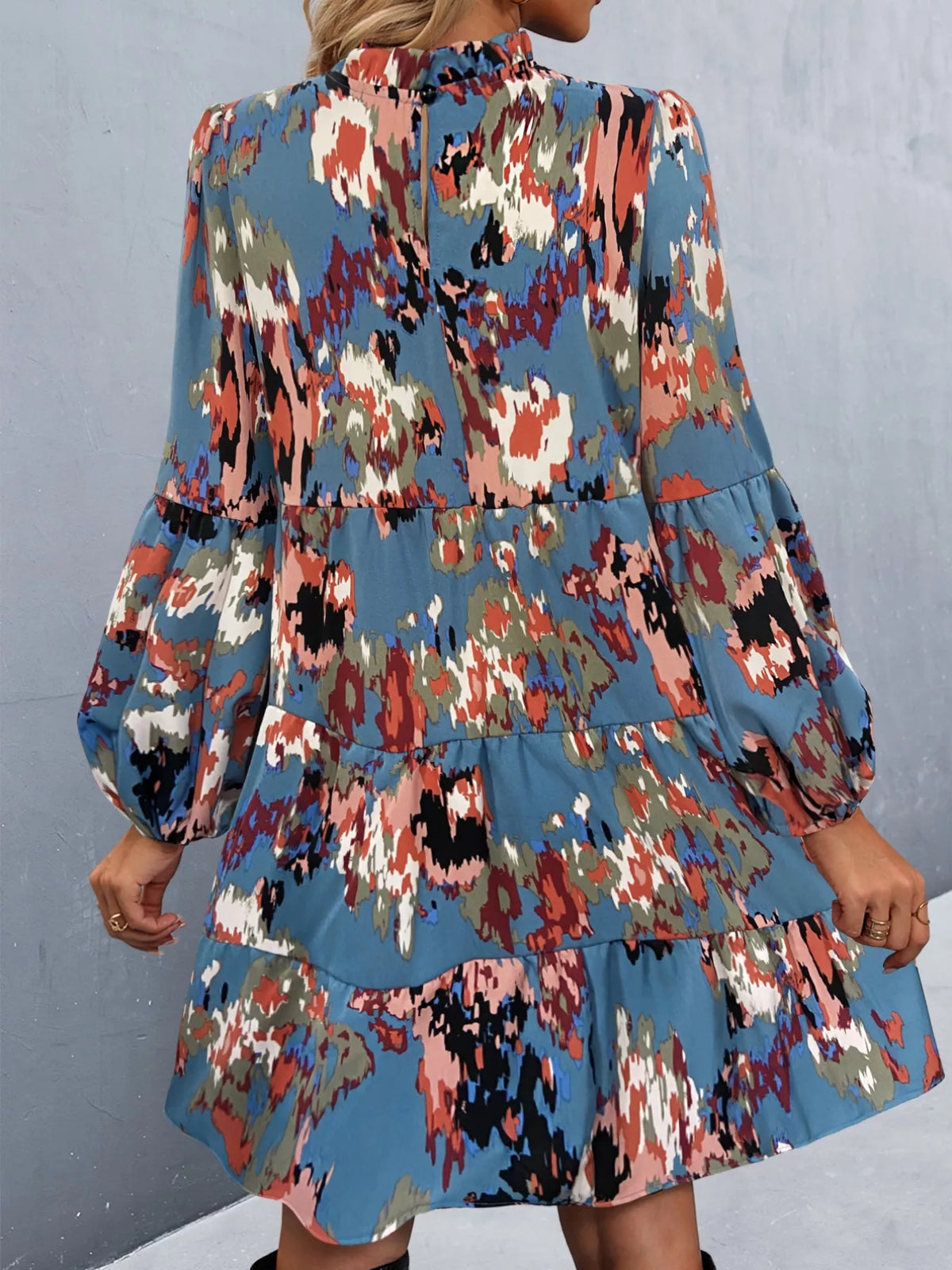 Printed Balloon Sleeve Mini Dress