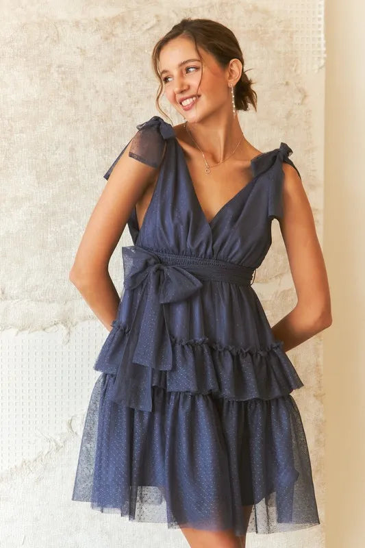 Polka Dot Mesh Tie Shoulder Dress for Retro Summer Style