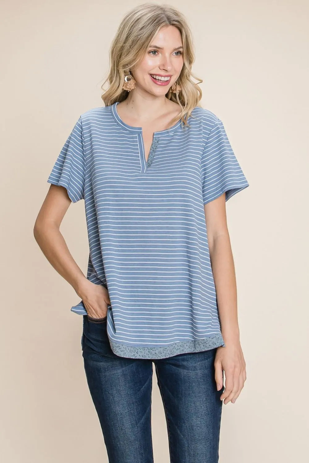 Cotton Bleu Slit Striped Notched Short Sleeve T-Shirt