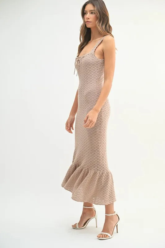 Sleeveless Crochet Knit Midi Dress with Ruffled Hem