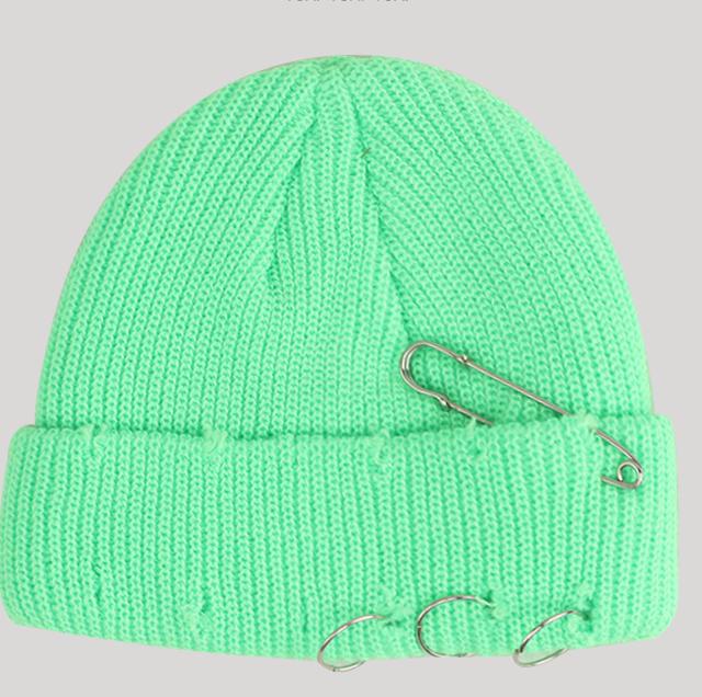 Women's Playful Japanese Knit Beanie Hat with Safety Pins - Image 3