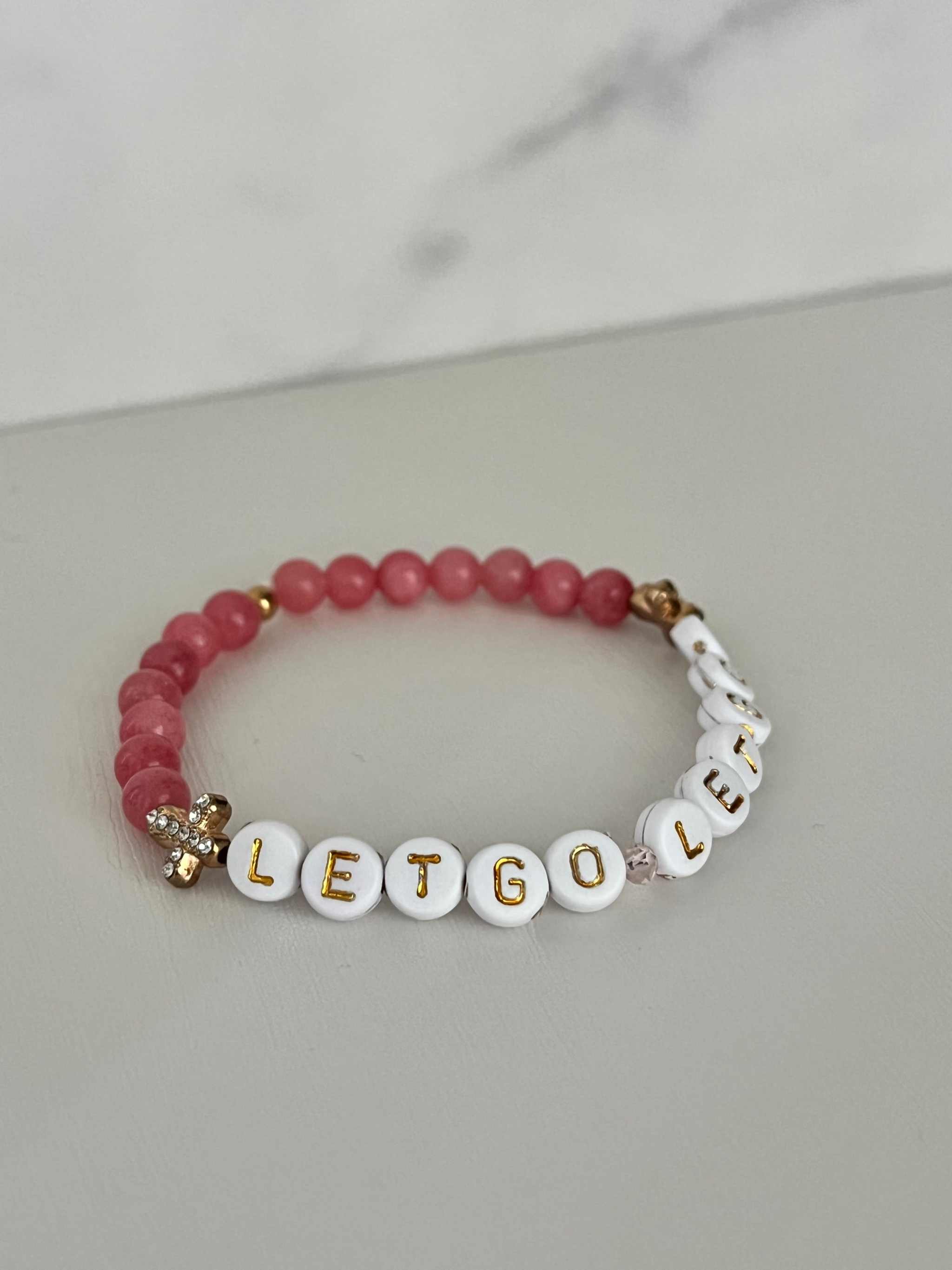 Let Go Let God Pink Marble Bead Bracelet with Gold Crosses