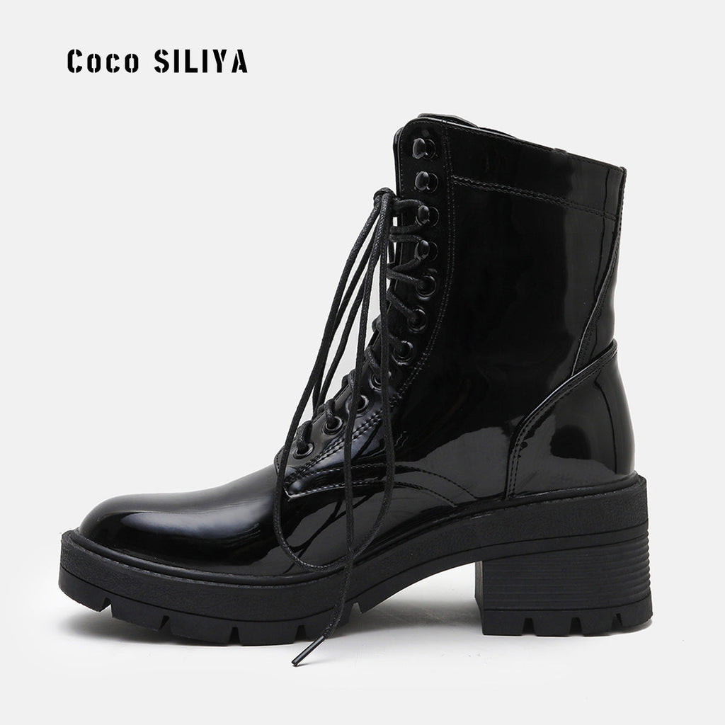 Women's Harajuku Style Patent Leather Lace Up Combat Boots - Image 7