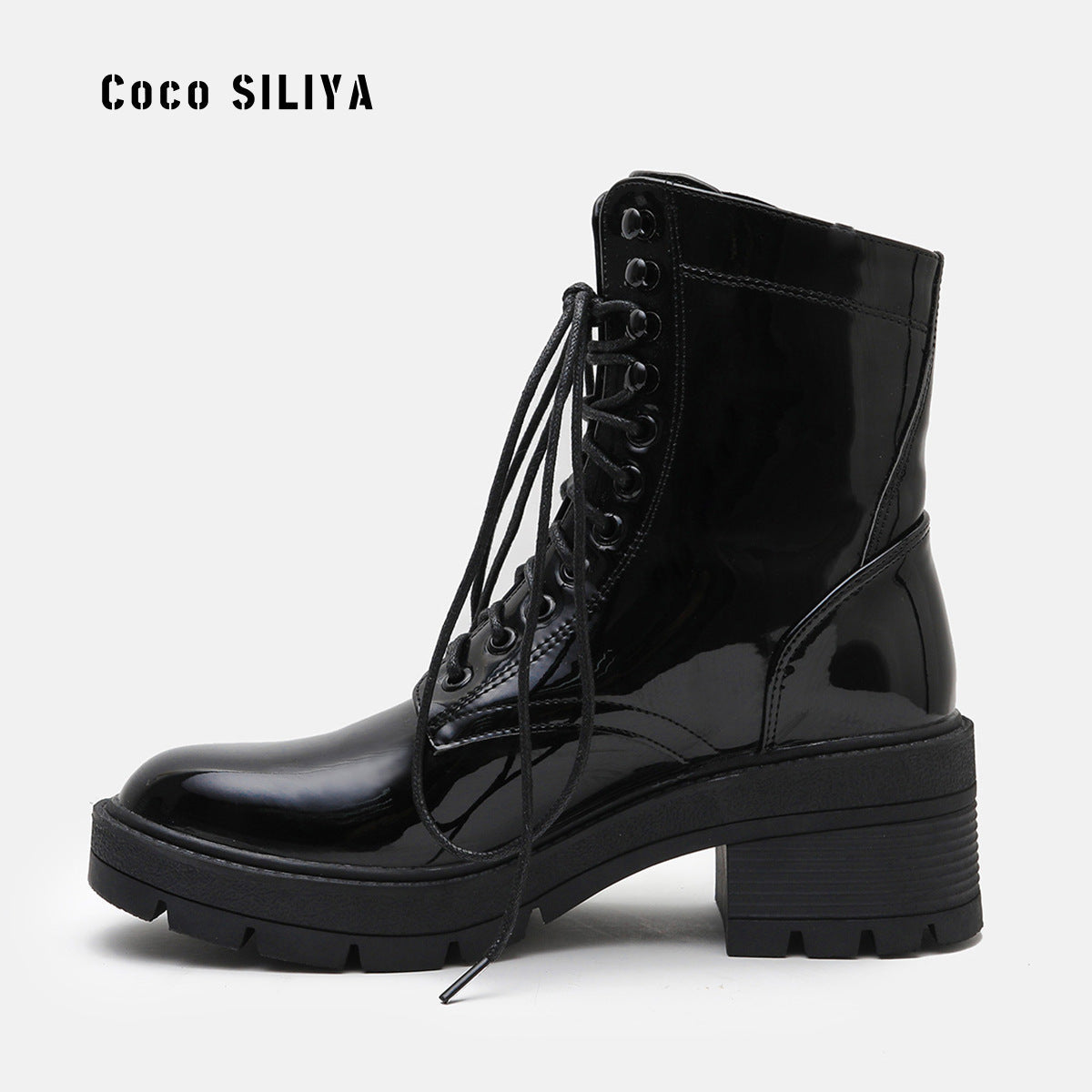 Women's Harajuku Style Patent Leather Lace Up Combat Boots - Image 7