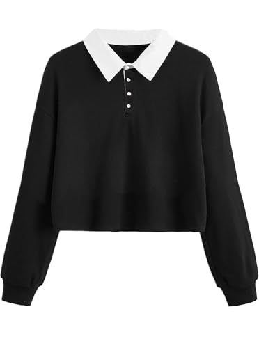 Women's Black Collared Half Button Polo Crop Sweatshirt - Image 28