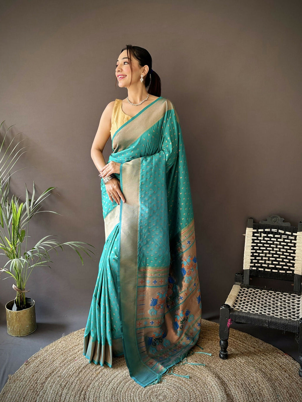 Teal Green Jacquard Butti Lichi Silk Paithani Saree