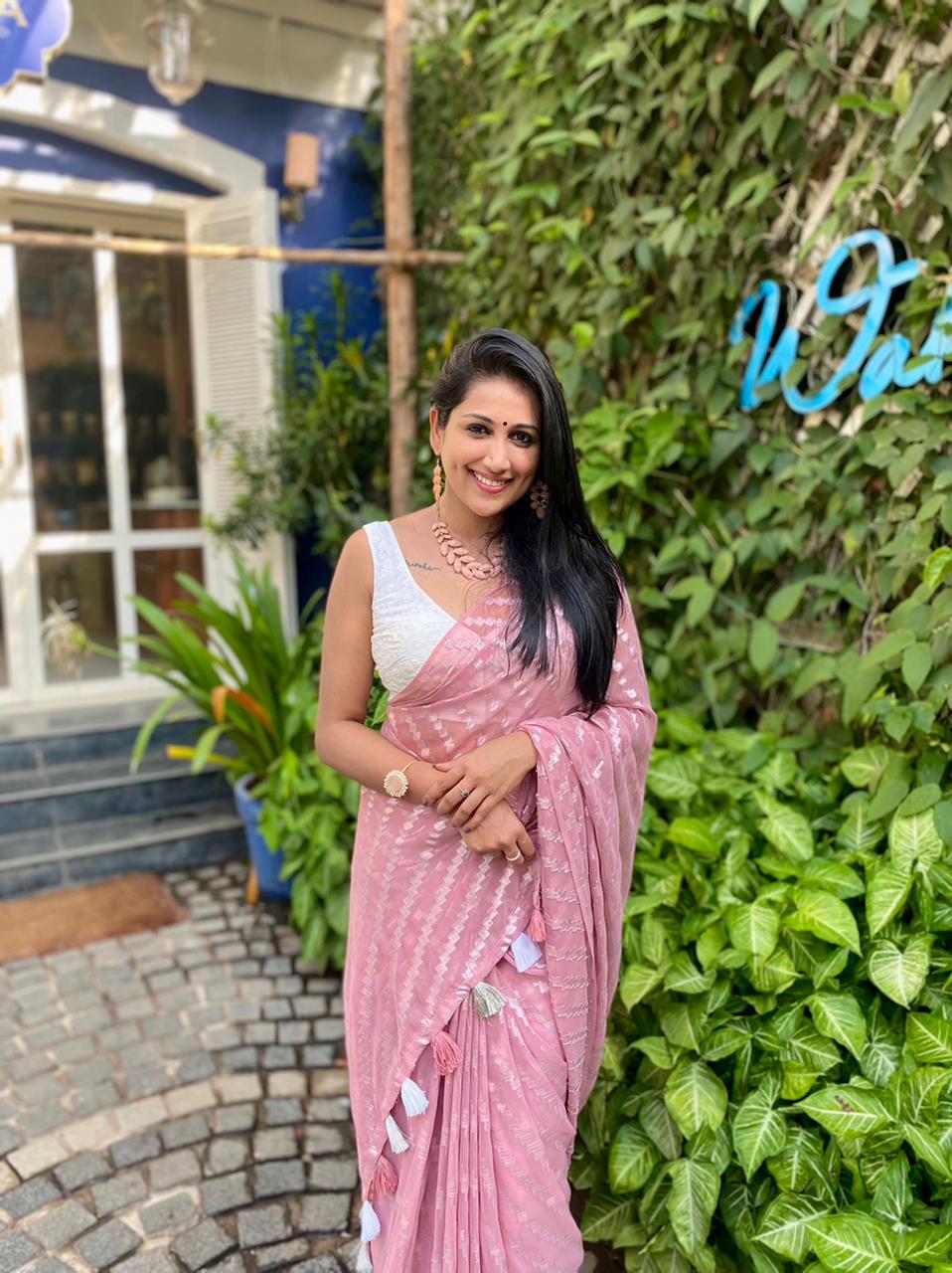 Pink Poly Chiffon Saree with Zari Weaving and Lucknowi Blouse