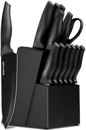 LINHAO 14-Piece Black Kitchen Knife Block Set
