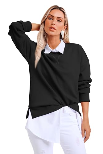 Womens Casual Loose Fit Sweatshirt Trendy Tops Crewneck Side Split Long Sleeve Shirts