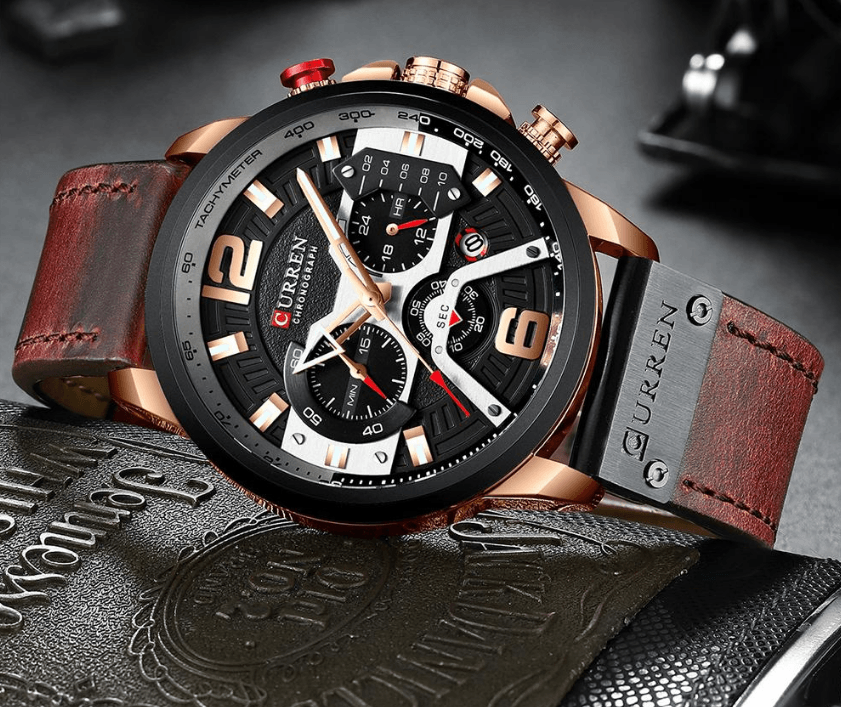 Men's Waterproof Sports Chronograph Watch with Leather Strap