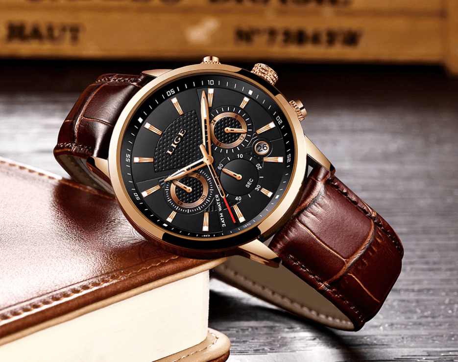 Men's Waterproof Chronograph Sport Watch with Leather Strap