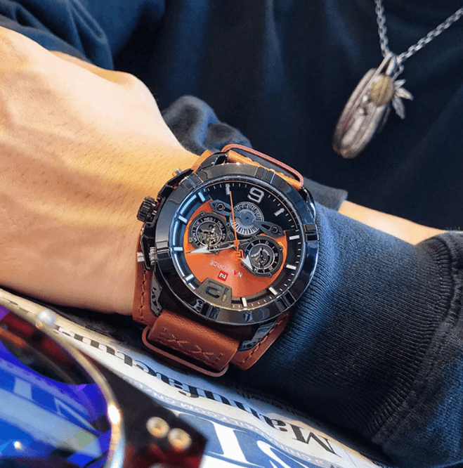 Men's Waterproof Chronograph Watch with Leather Strap & Dial Window
