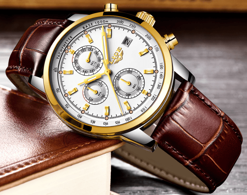 Waterproof Men's Quartz Watch with Chronometers and Brown Strap