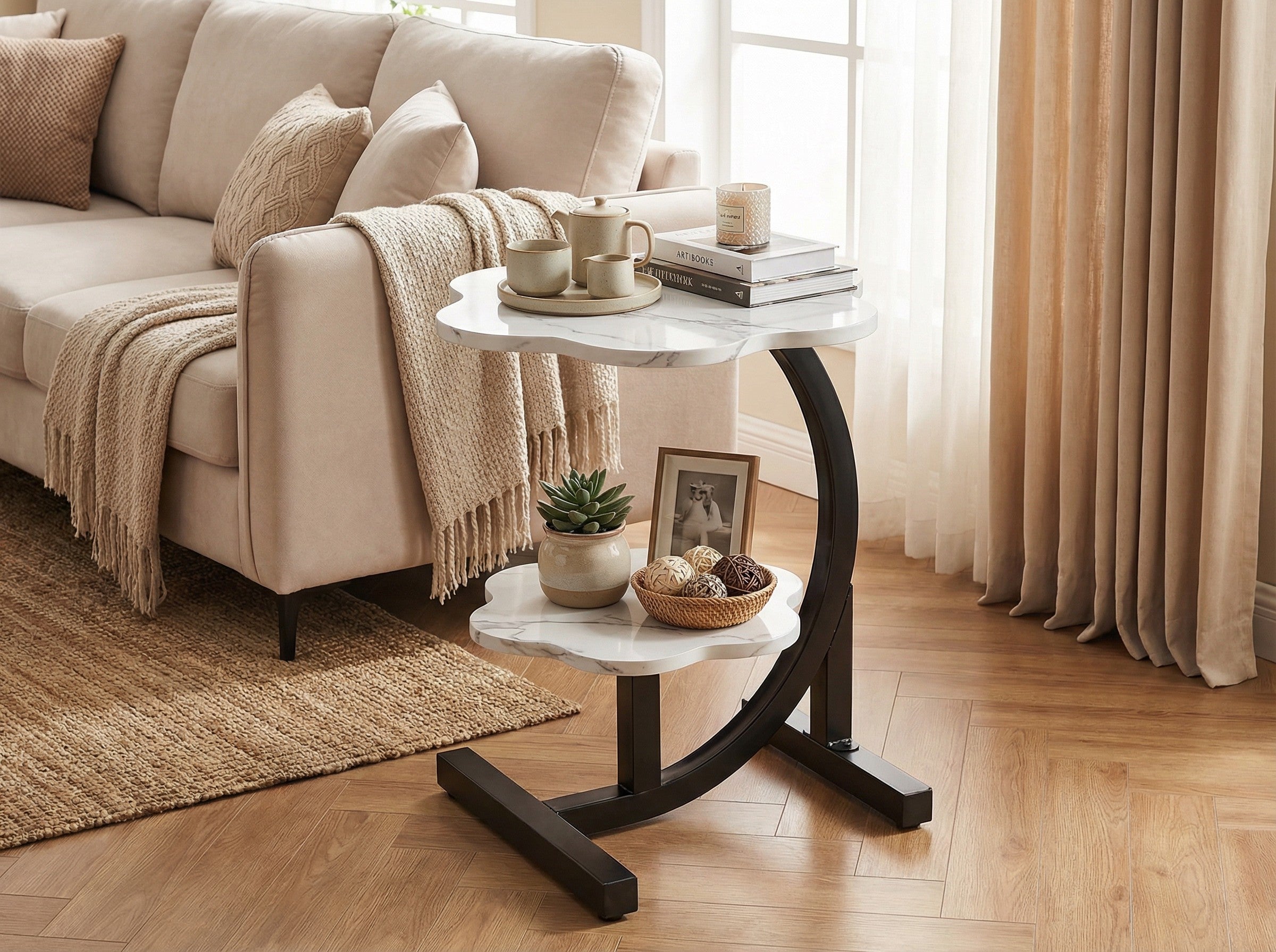 Modern Round Side Table with Wrought Iron Base for Living Room