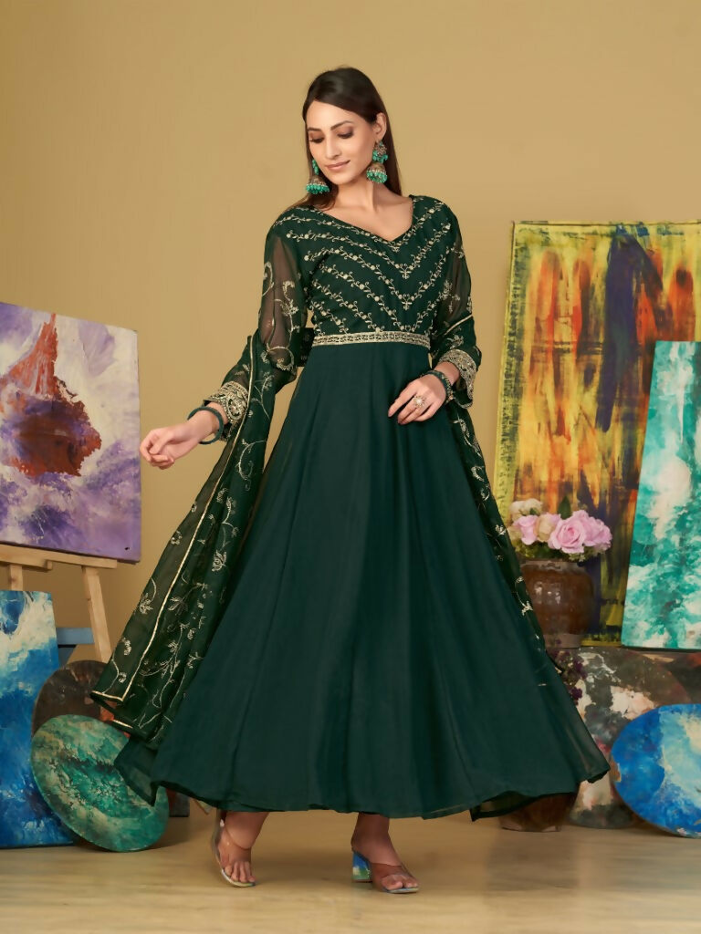 Women's Bottle Green Georgette Embroidered Anarkali Kurta Pant Set