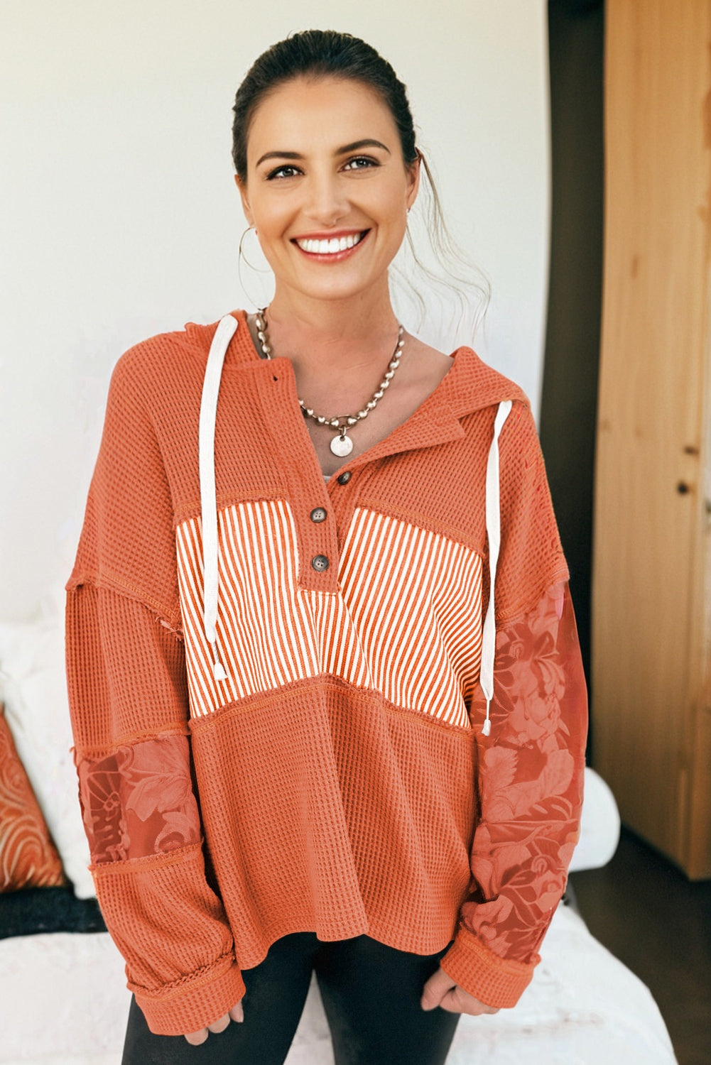 White Waffle Printed Patchwork Drawstring Hooded Long Sleeve Top