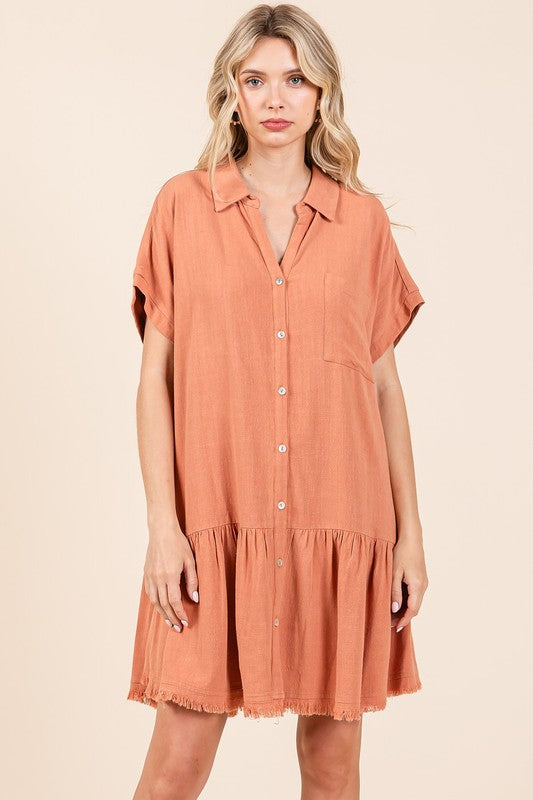 Linen Blend Button Down Mini Dress with Tiered Detail & Raw Hem