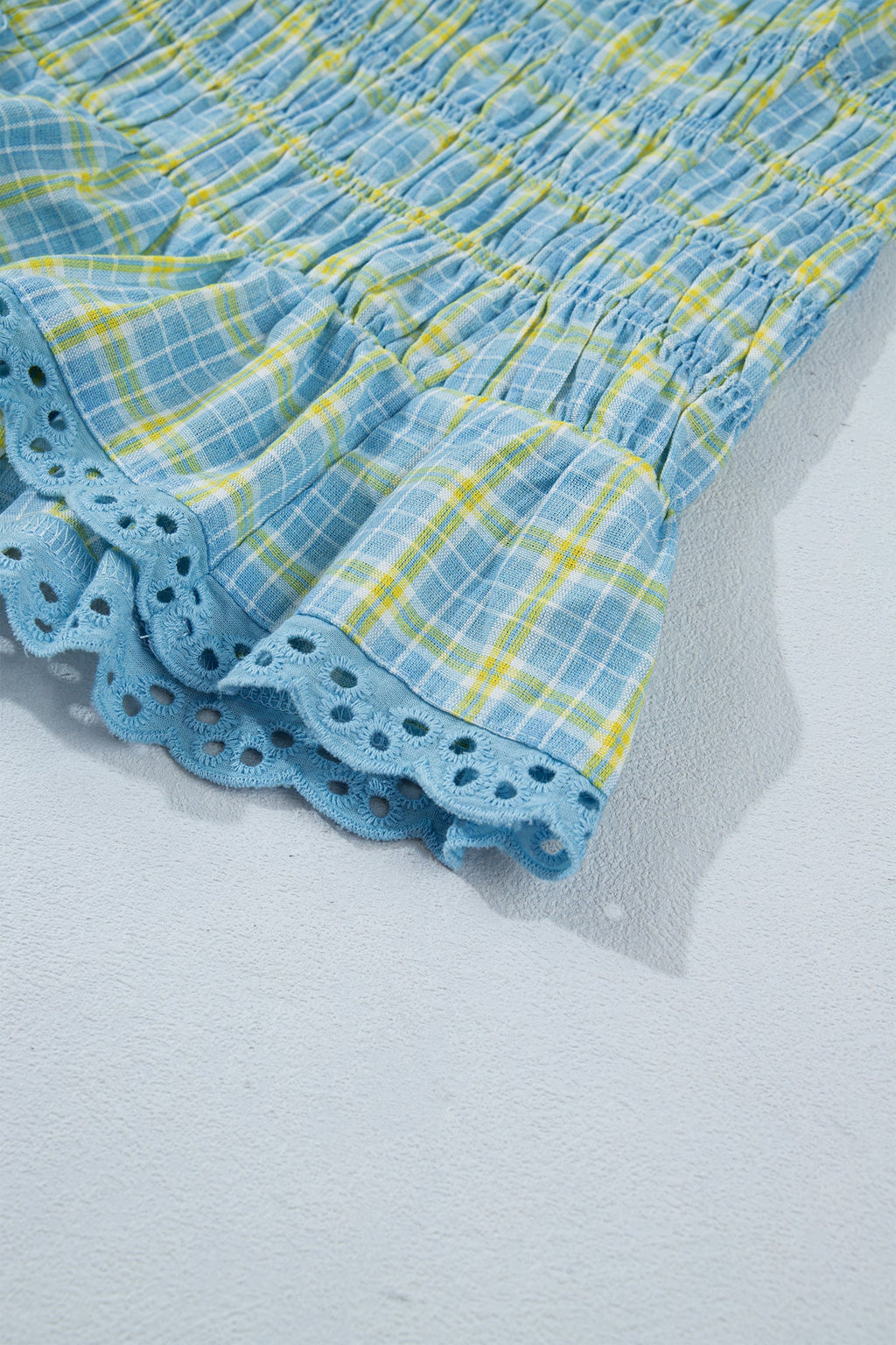 Nia Lace Trim Tank Top with Smocked Neckline and Plaid Print