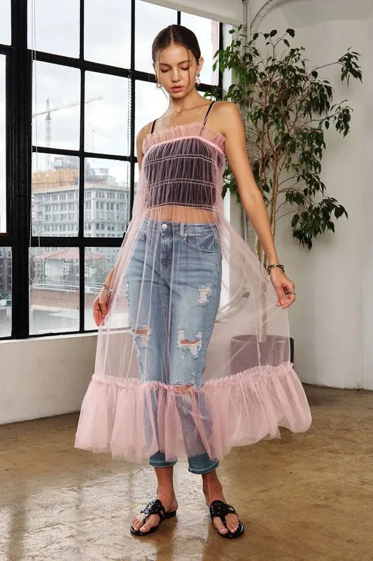 Ruffled Mesh Beach Cover-Up Dress in Pink